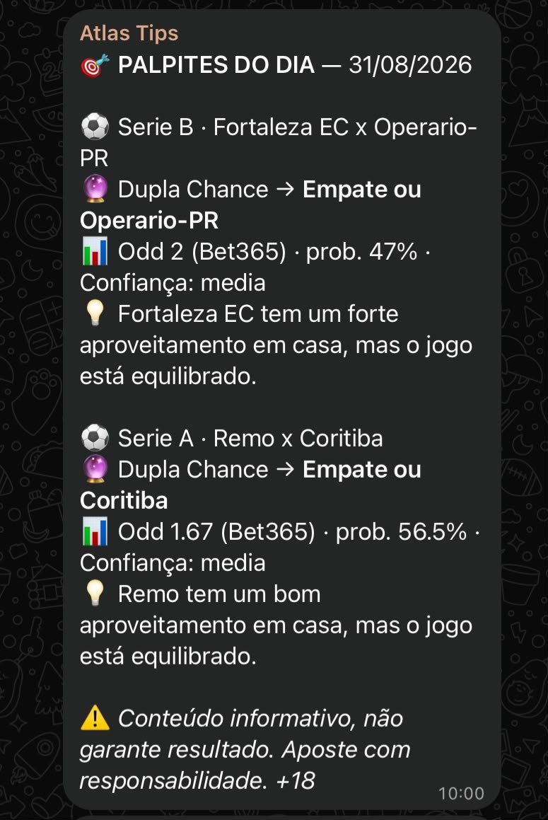 Exemplo real de palpite enviado no grupo Atlas Tips